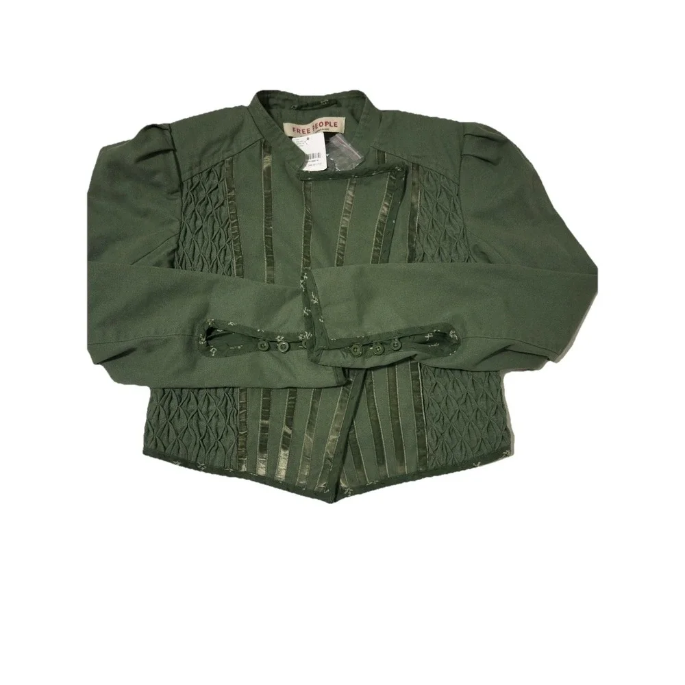 FREE PEOPLE Jacket Womens X-Small Green Shrunken Officer Military Button Pockets